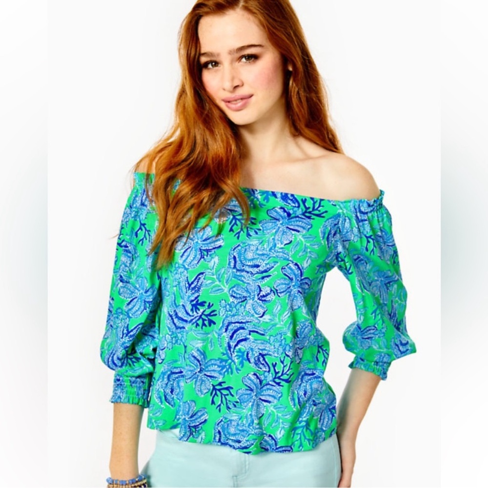 EUC Lilly Pulitzer Green & Blue Off-Shoulder Floral Blouse